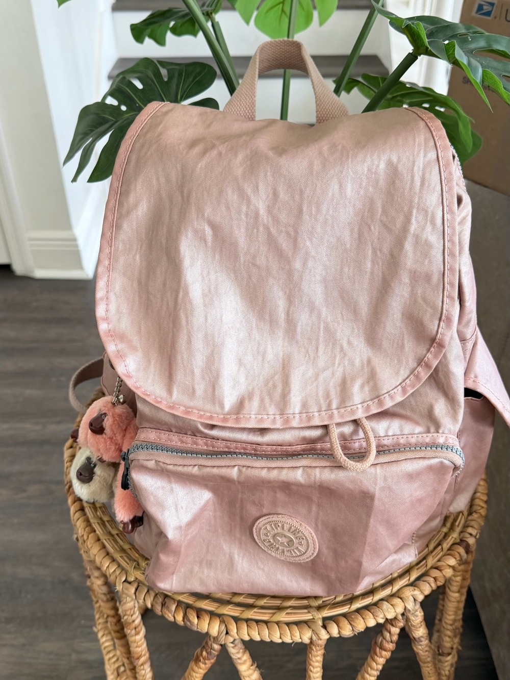 Kipling City Pack Metallic Blush Pink Backpack Two Monkey Charms